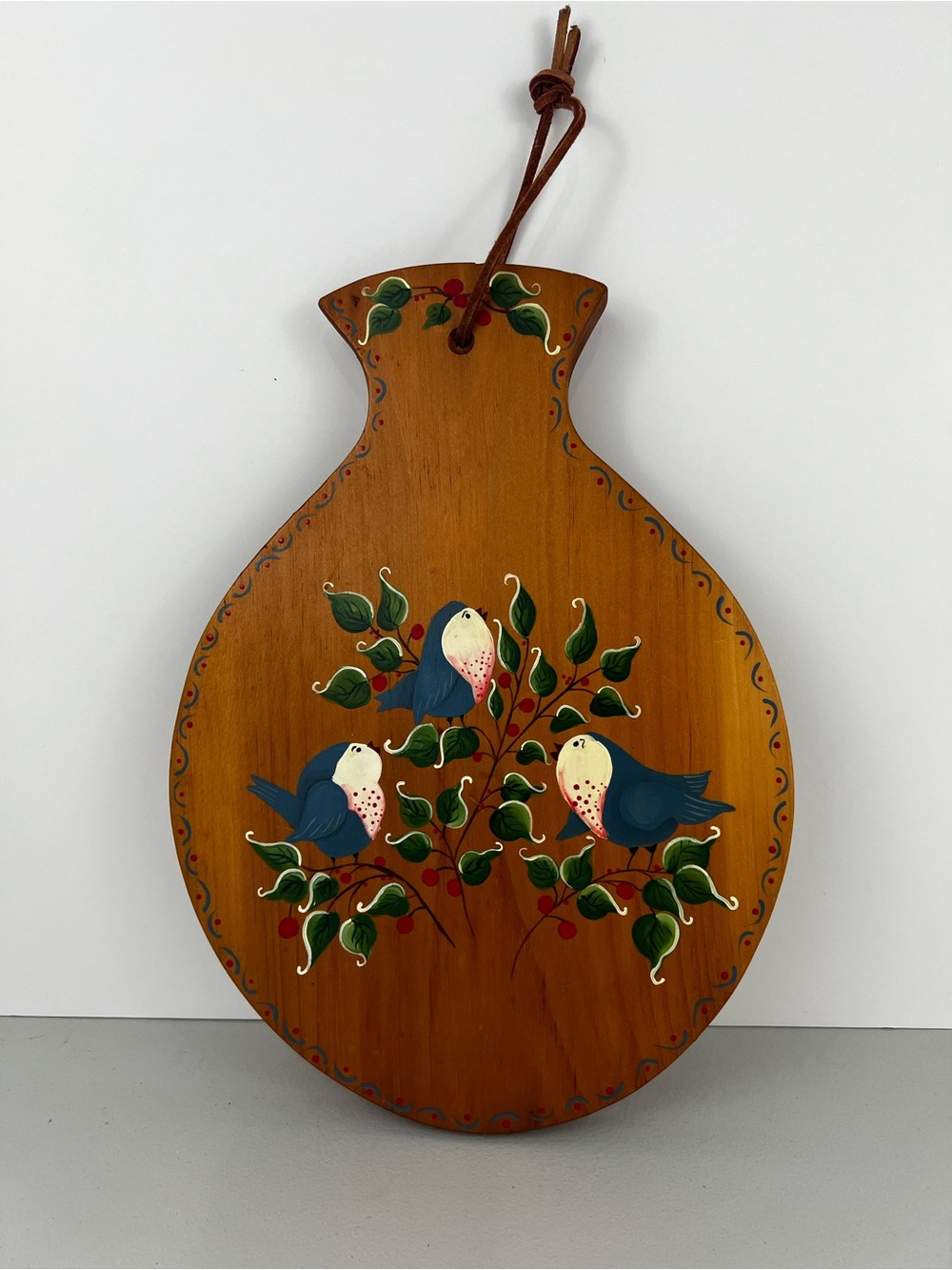 Vintage Folk Art Hand Painted Wooden Cutting Board Wall Hanging Bluebirds 11.5x8